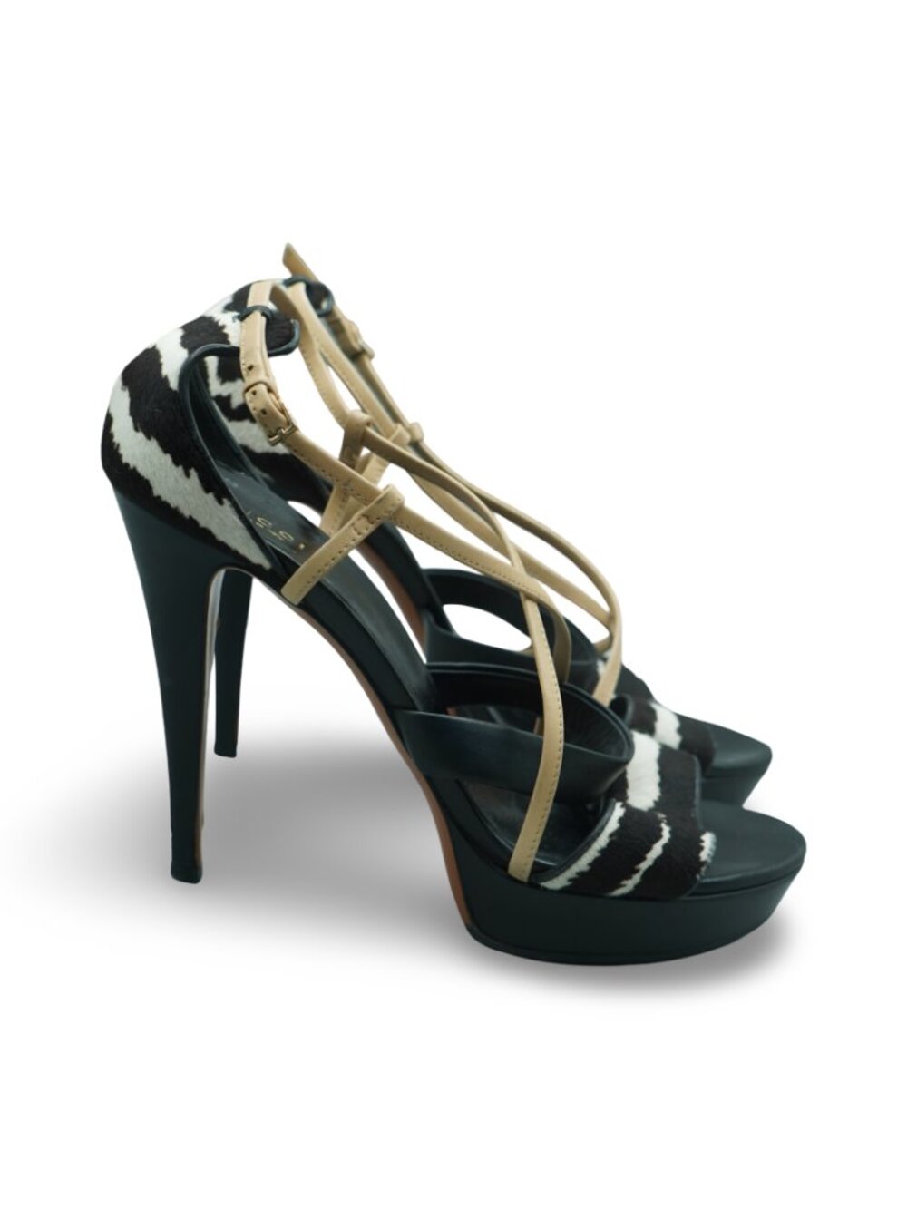 Gucci Zebra Calf Hair Strappy Platform Stiletto Sandals Animal Print 2000s
